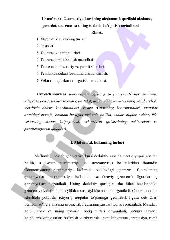 Geometriya kursi aksiomatik qurilishi metodikasini o‘rganish