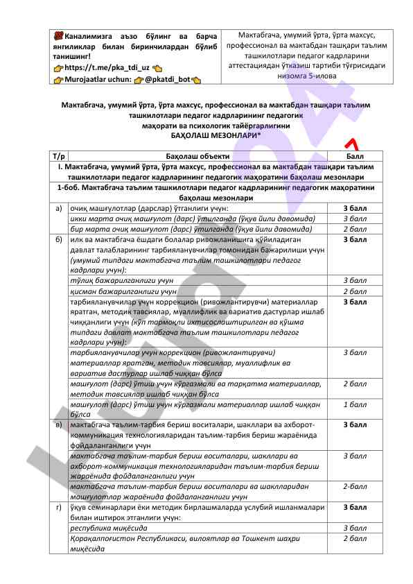 Педагогик маҳоратни баҳолаш мезонлари тўғрисида