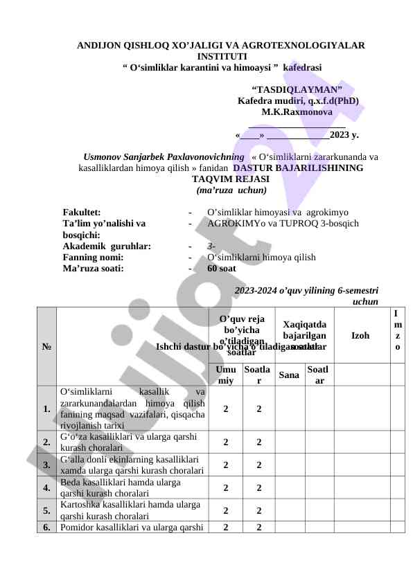 O‘simliklarni himoya qilish uchin taqvim rejasi