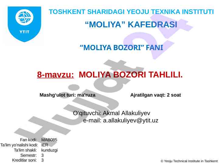 Moliya bozori tahlili va tavsiya etiriladigan adabiyotlar