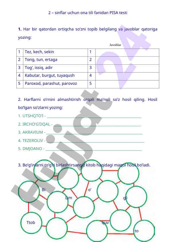Ona tili fanidan pisa testi 2-sinflar uchun
