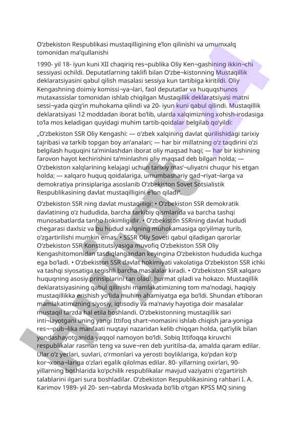O‘zbekiston mustaqilligining e’lon qilinishi 1990 yilda