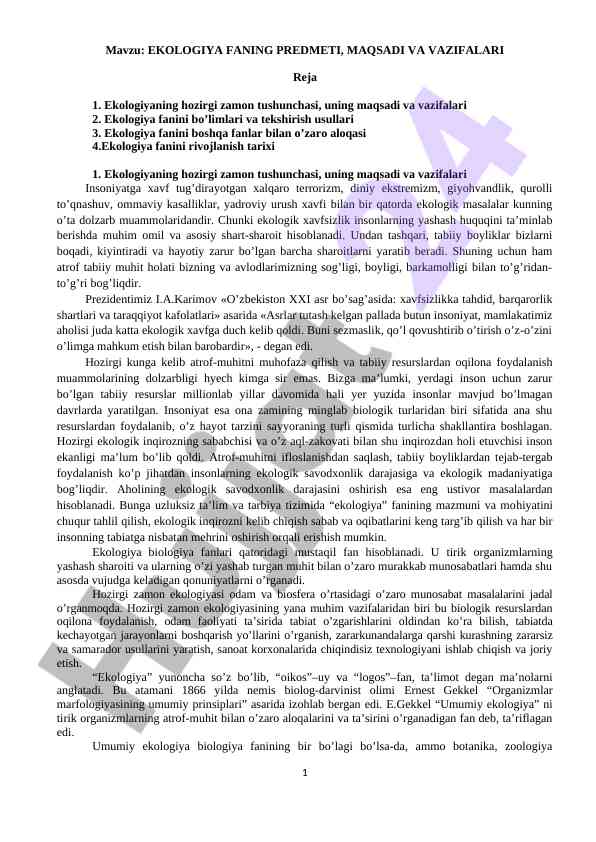 Ekologiya fanining maqsadi va vazifalari
