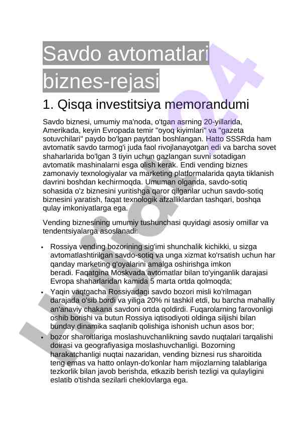 Savdo avtomatlari biznes-rejasi va investitsiya memorandumi