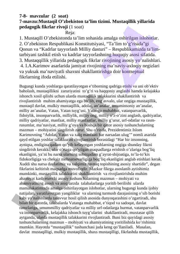 Mustaqil o’zbekiston ta’lim tizimi rivoji