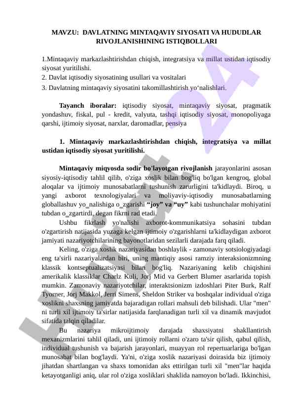 Davlatning mintaqaviy siyosati va rivojlanish