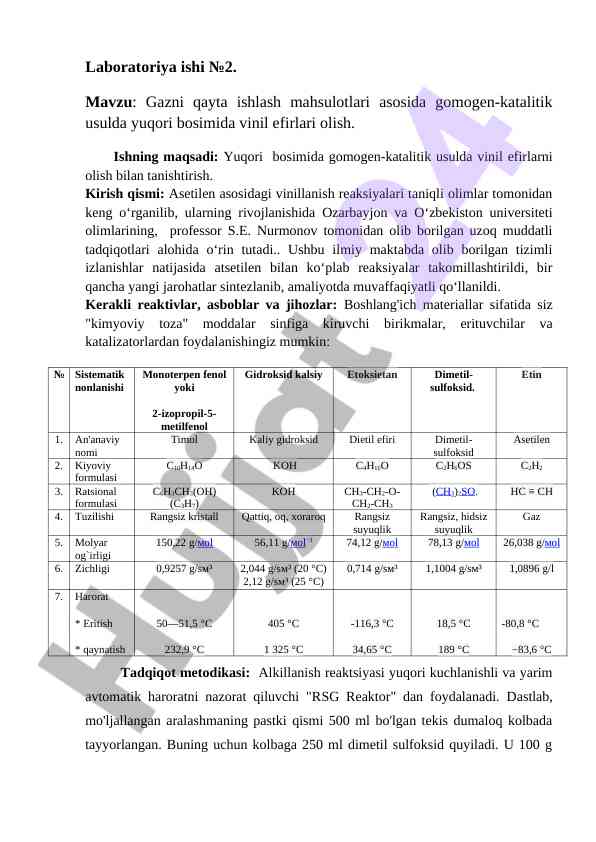 Gazni qayta ishlash mahsulotlari asosida vinil efirlari
