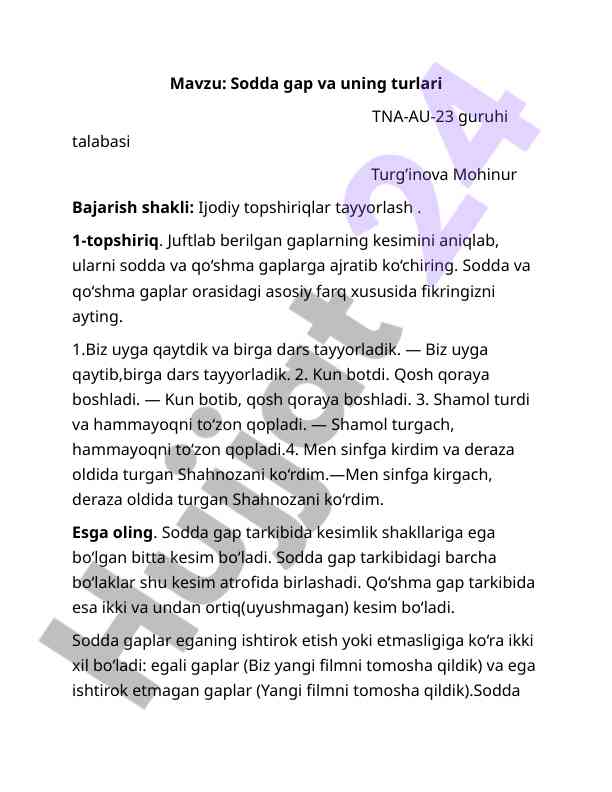 Sodda gap va uning turlari taqdimoti