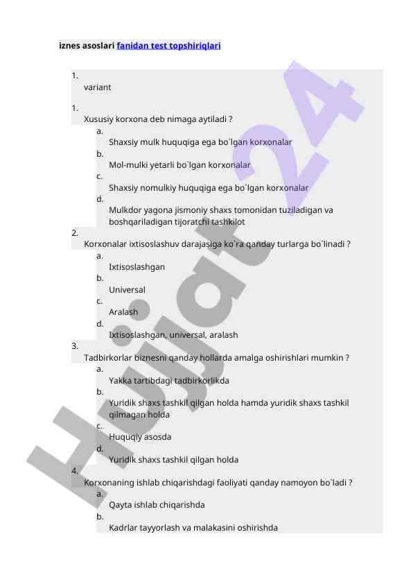 Iznlar asoslari fanidan test topshiriqlari