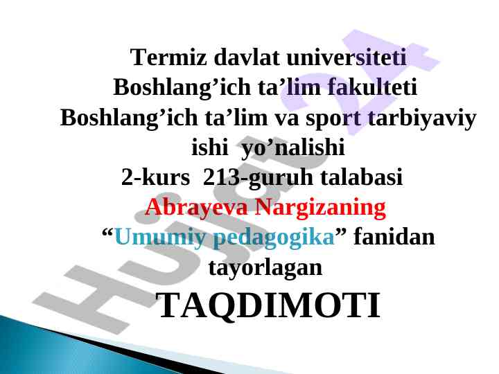 Umumiy pedagogika fanidan taqdimot rejasi