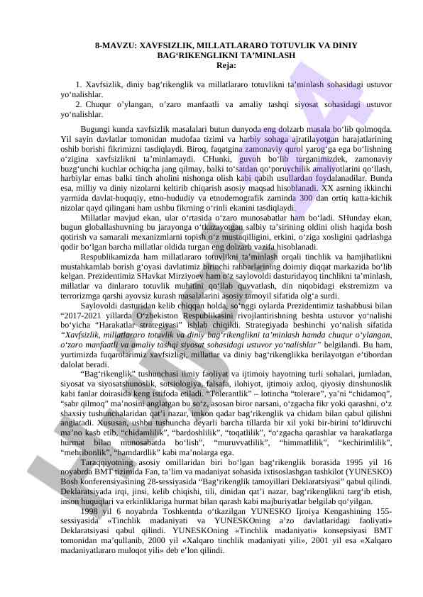 Xavfsizlik va diniy bag‘rikenglikni ta’minlash