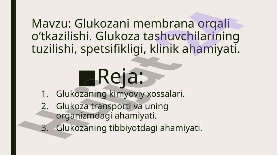 Glukozani membrana orqali o'tkazilishi tahlili