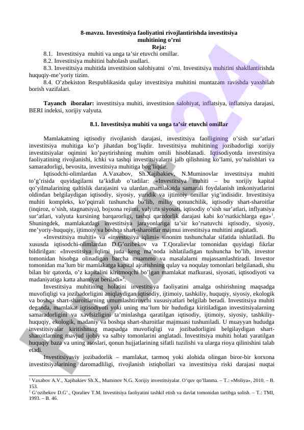 Investitsiya faoliyatini rivojlantirishda muhit