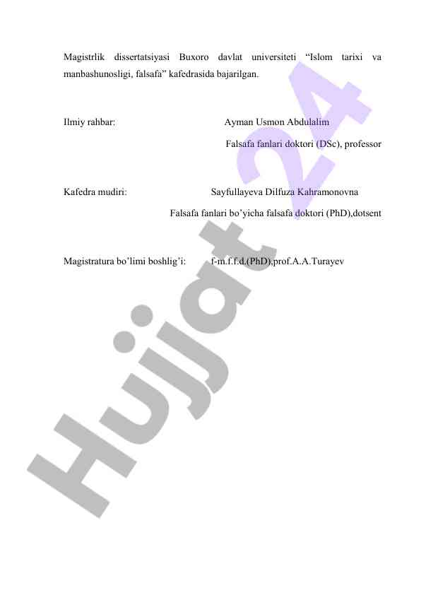 Islom tarixi va manbashunosligi mavzusida dissertatsiya