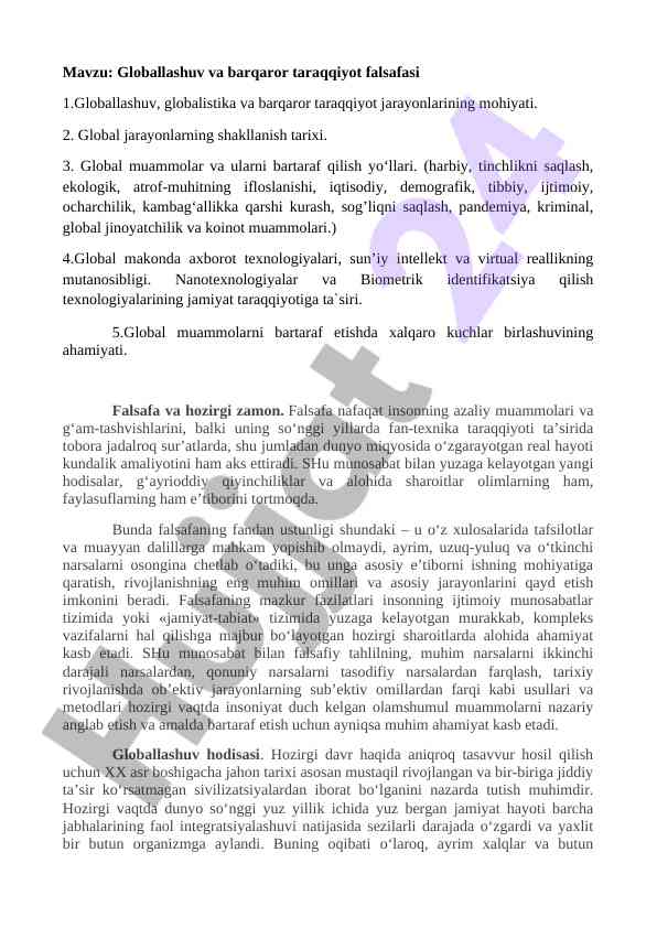 Globallashuv va barqaror taraqqiyot falsafasi