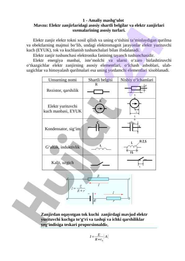 Elektr zanjirlaridagi asosiy belgilar va turlari
