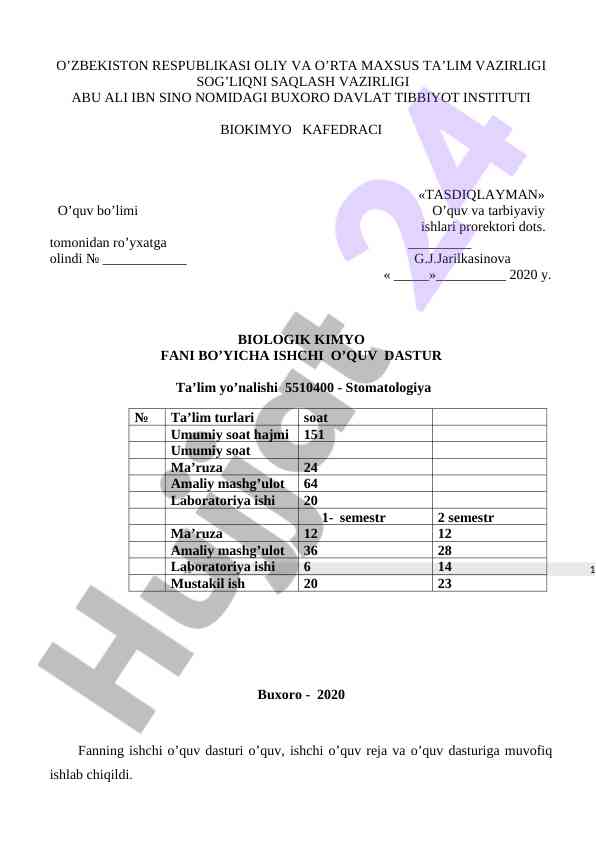 Biologik kimyo fani bo'yicha ishchi o'quv dastur