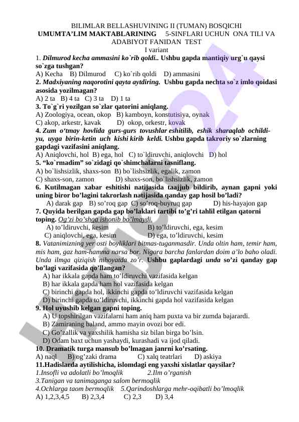 Ona tili va adabiyot fanidan test varianti 1