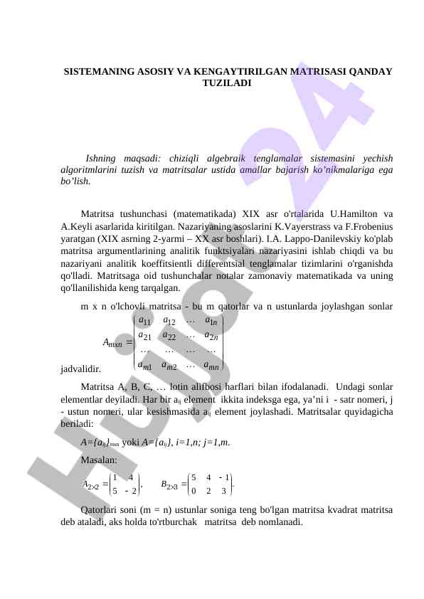 Asosiy va kengaytirilgan matrisasi tuzilishi