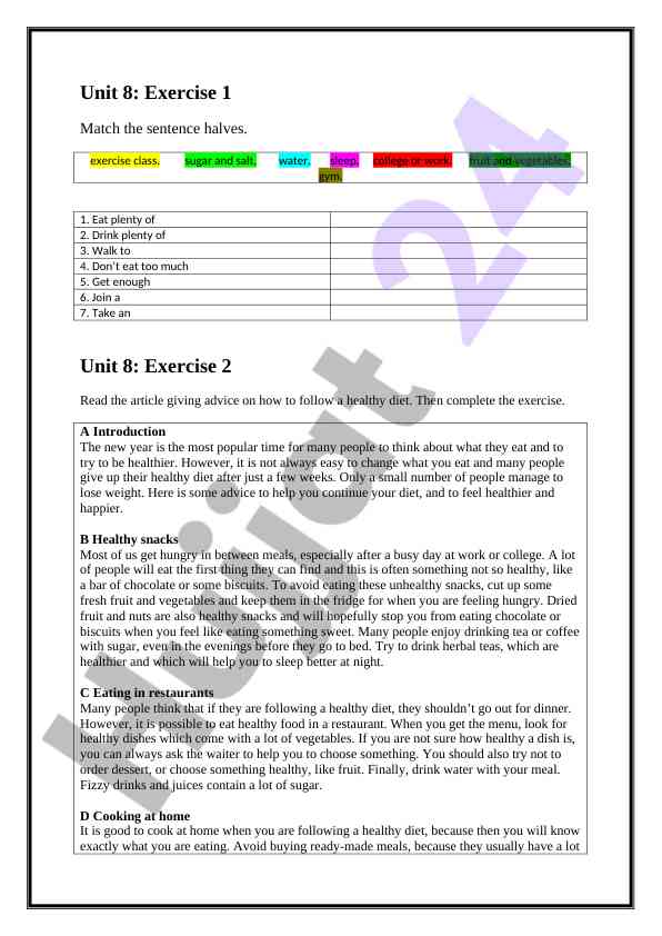 Healthy diet advice and sports activities summary