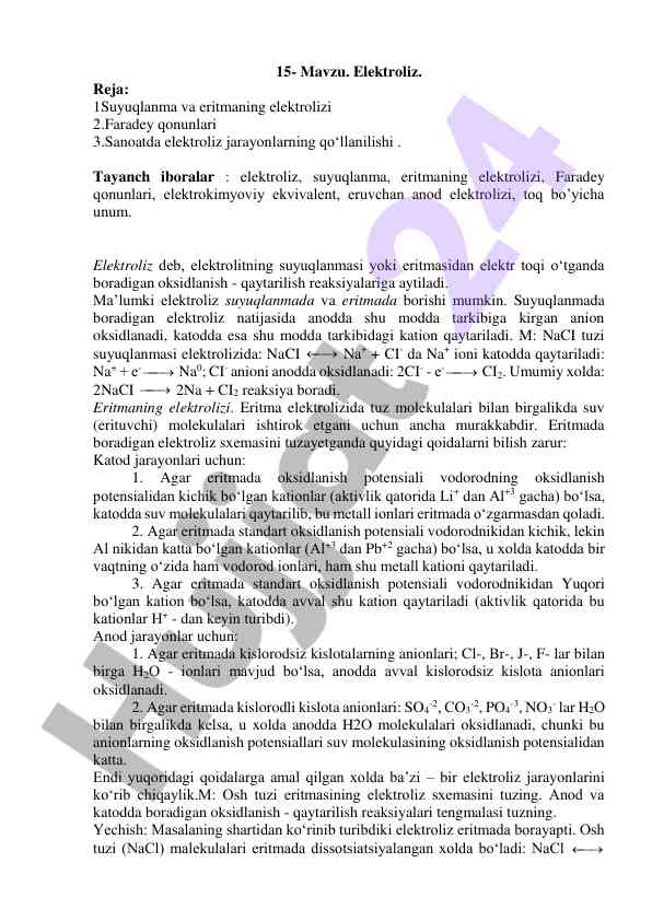 Elektroliz jarayonlari va faradey qonunlari