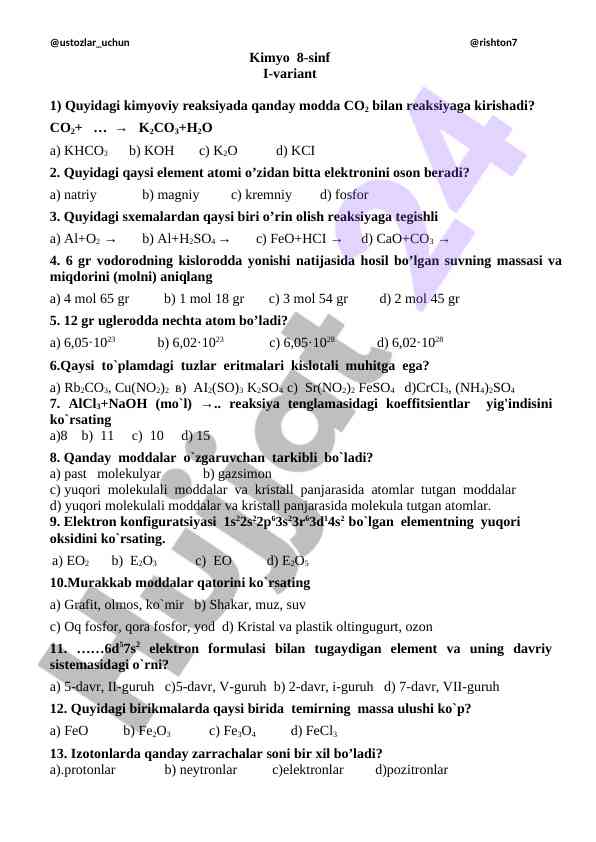 Kimyo 8-sinf test savollari i-variant