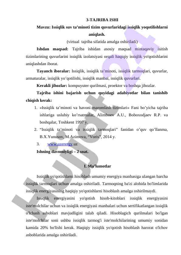 Issiqlik suv ta’minoti tizimlarida issiqlik yo‘qotilishi