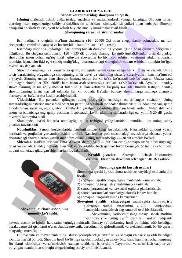 Sanoat korxonalaridagi shovqinni aniqlash laboratoriya ishlari