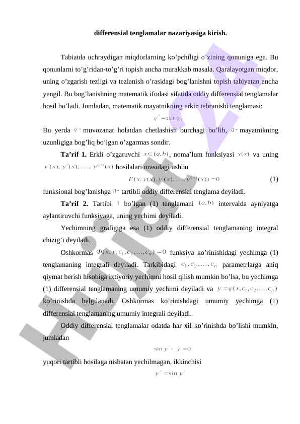 Differensial tenglamalar nazariyasiga kirish