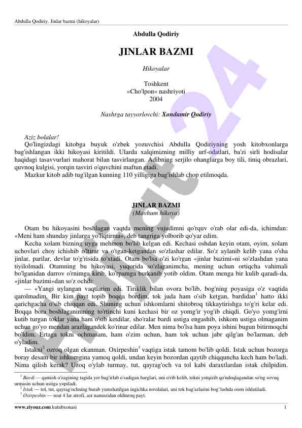 Abdulla qodiriyning jinlar bazmi hikoyalari