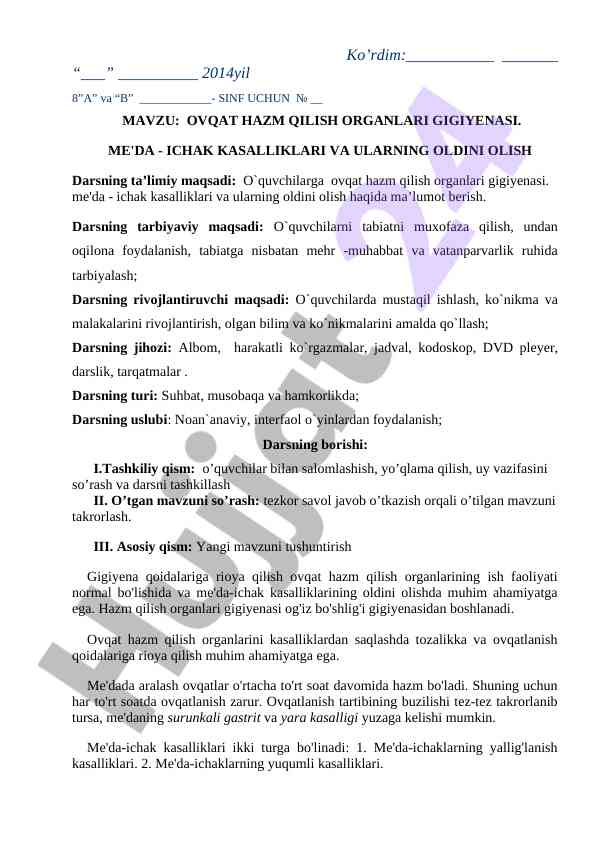 Ovqat hazm qilish organlari gigiyenasi mavzusi