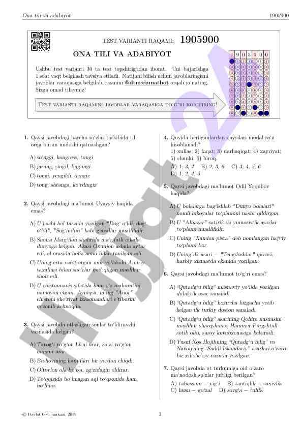 Ona tili va adabiyot test variantlari