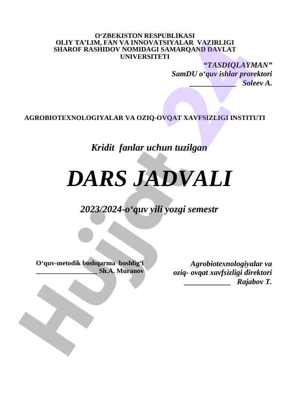 Agrobiotexnologiyalar dars jadvali 2023/2024 yili