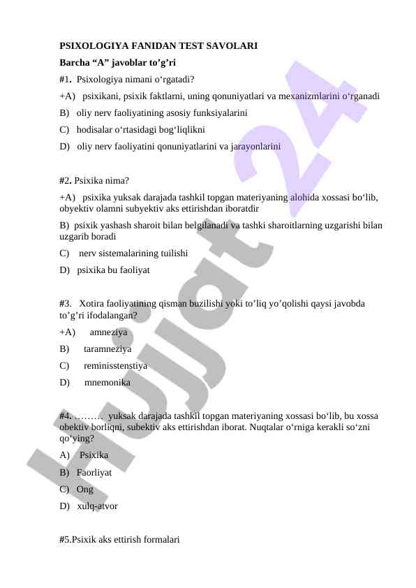 Psixologiya fanidan test savollari