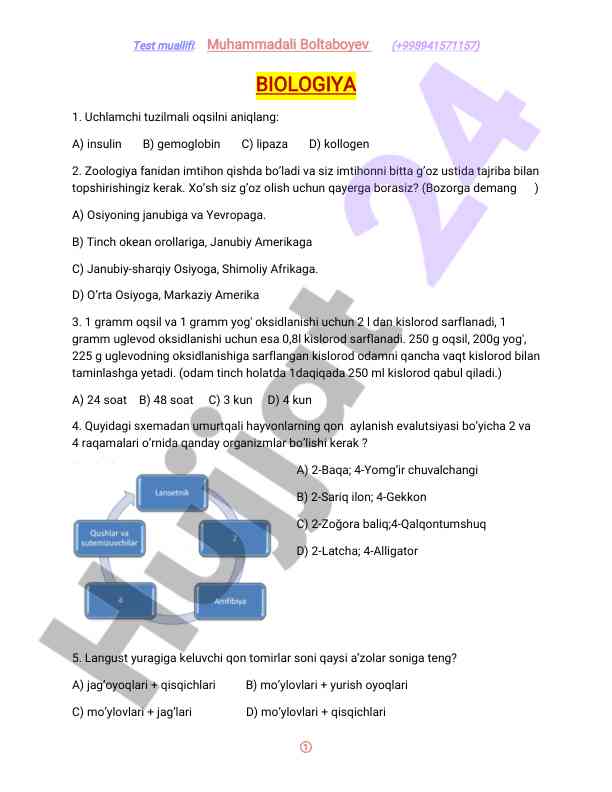 Biologiya fanidan test savollari
