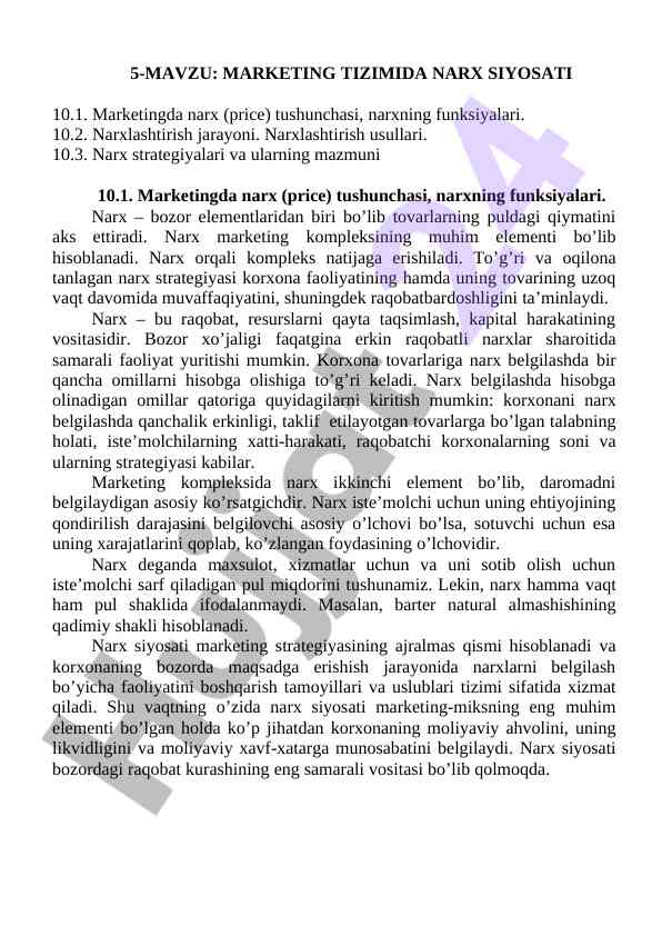 Narx siyosati va marketing tizimidagi o‘rni