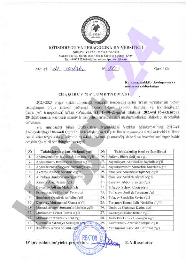 Sirtqi ta'lim yo'nalishlari uchun dars jadvali 2023