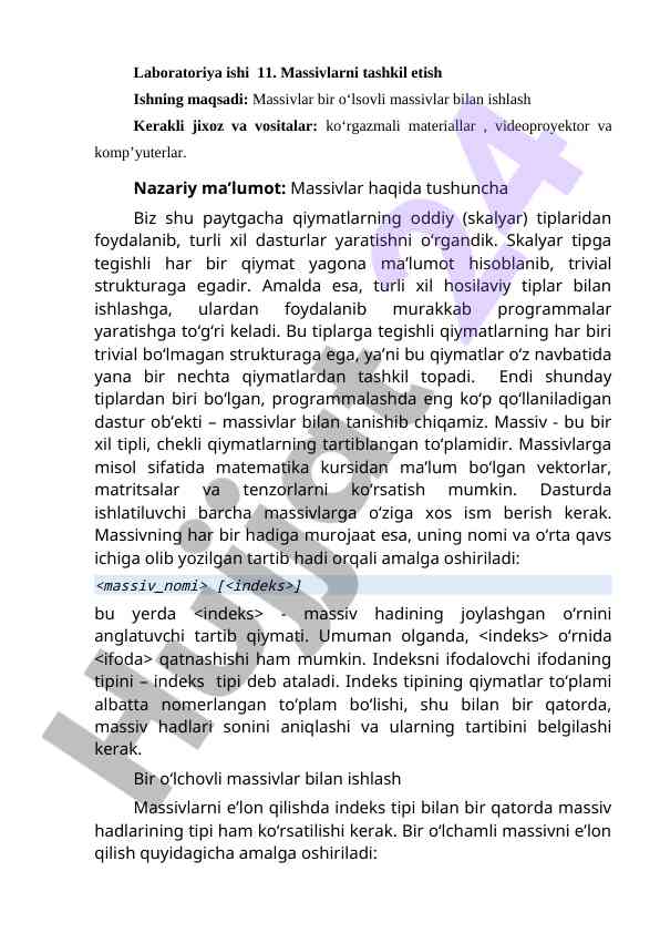 Massivlarni tashkil etish laboratoriya ishining maqsadi