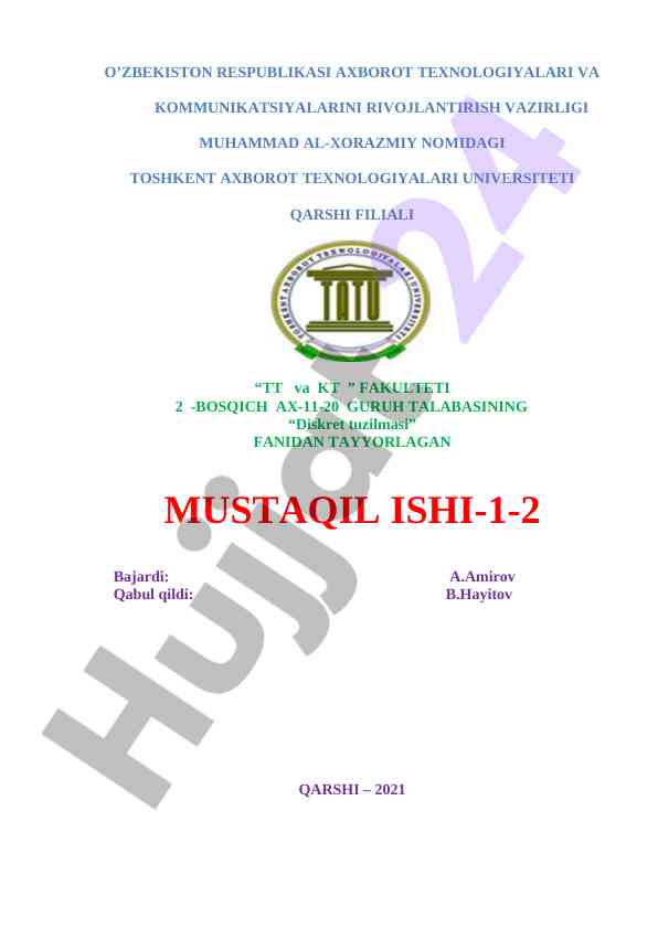 Diskret tuzilmasi fanidan mustaqil ish