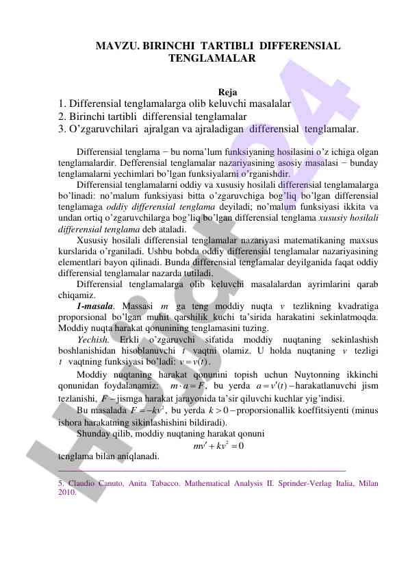 Birinchi tartibli differensial tenglamalar bo'yicha tahlil