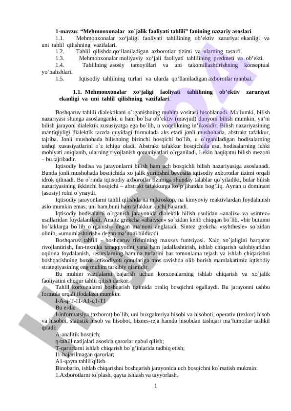 Mehmonxonalar xo‘jaligi faoliyati tahlili