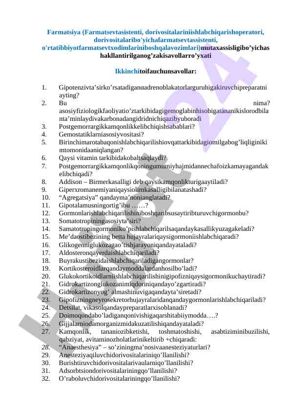 Farmatsevtika mutaxassislari uchun savollar ro'yxati