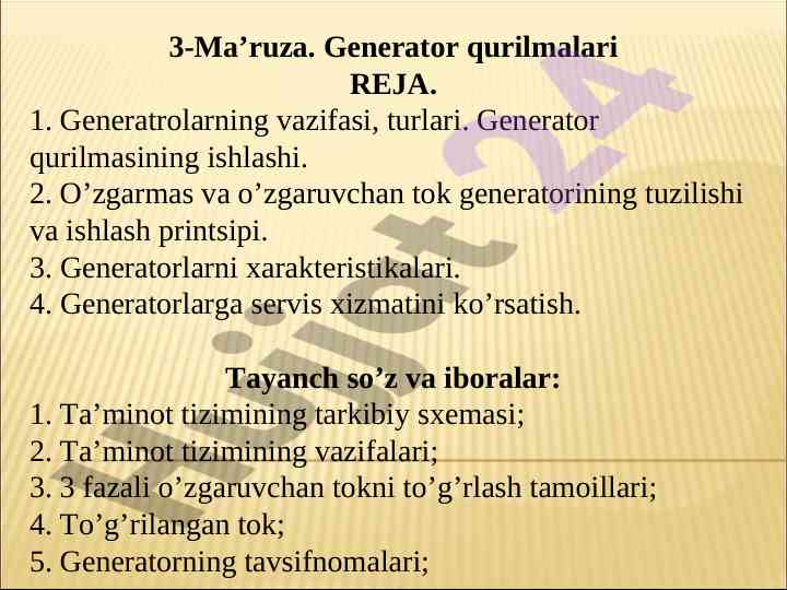 3-ma’ruza. generator qurilmalari reja