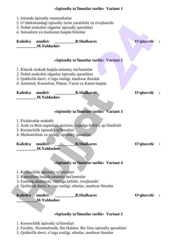 Iqtisodiy ta’limotlar tarixi varianti bo'yicha tahlil