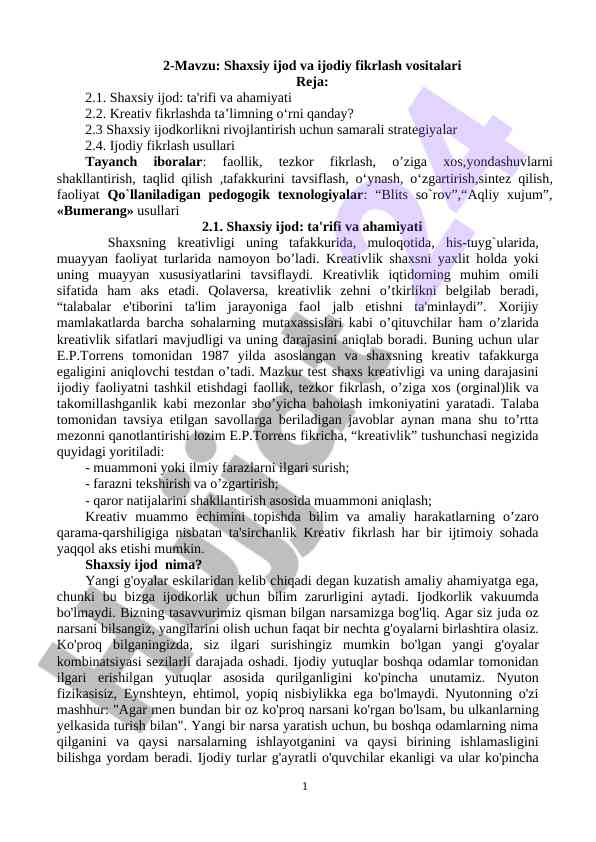Shaxsiy ijod va ijodiy fikrlash vositalari