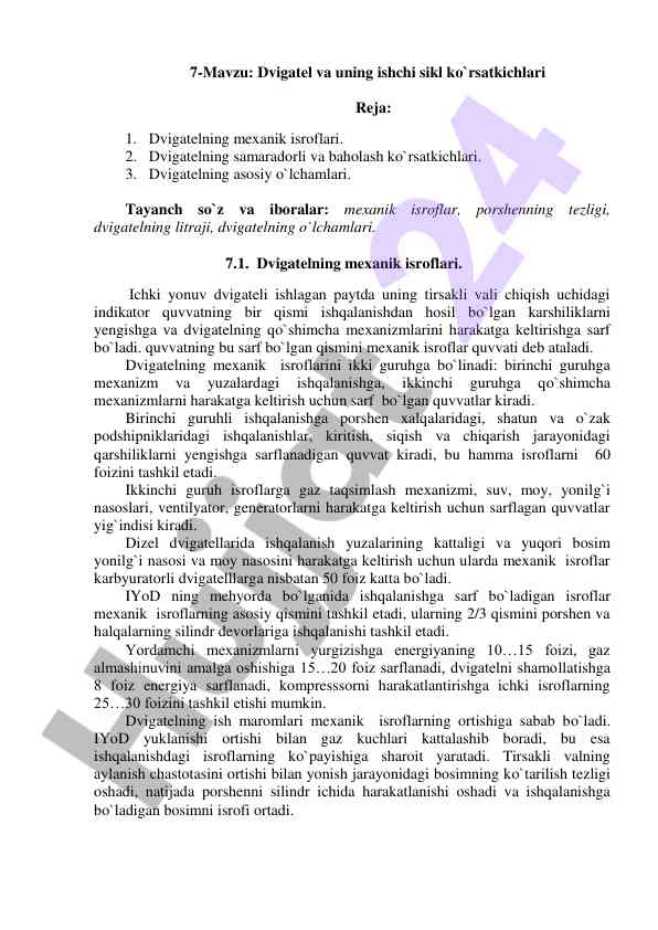Dvigatel va ishchi sikl ko`rsatkichlari tahlili