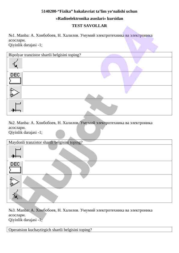 Radioelektronika asoslari kursidan test savollari