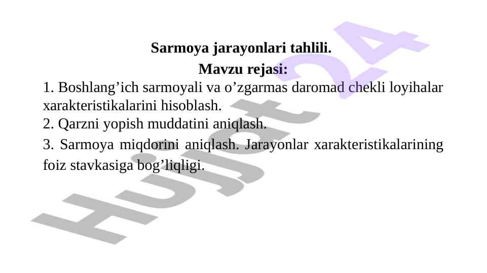 Sarmoya jarayonlari tahlili va investitsiya hisoboti