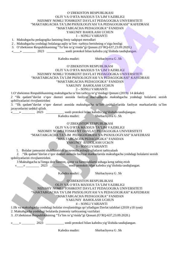 Maktabgacha ta’lim psixologiyasi fanidan yakuniy baholash