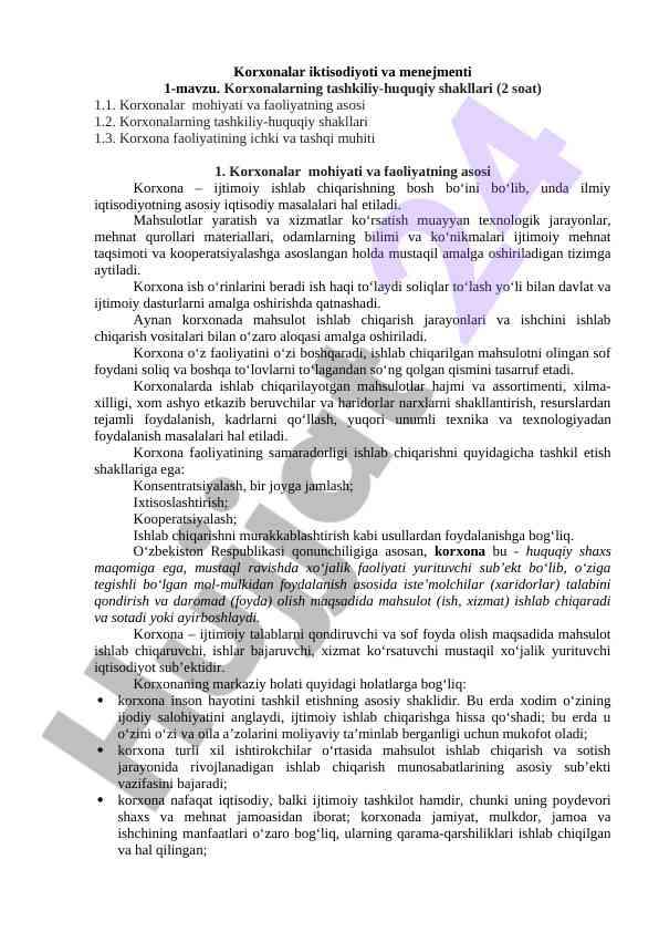 Korxonalarning tashkiliy-huquqiy shakllari o‘rganish